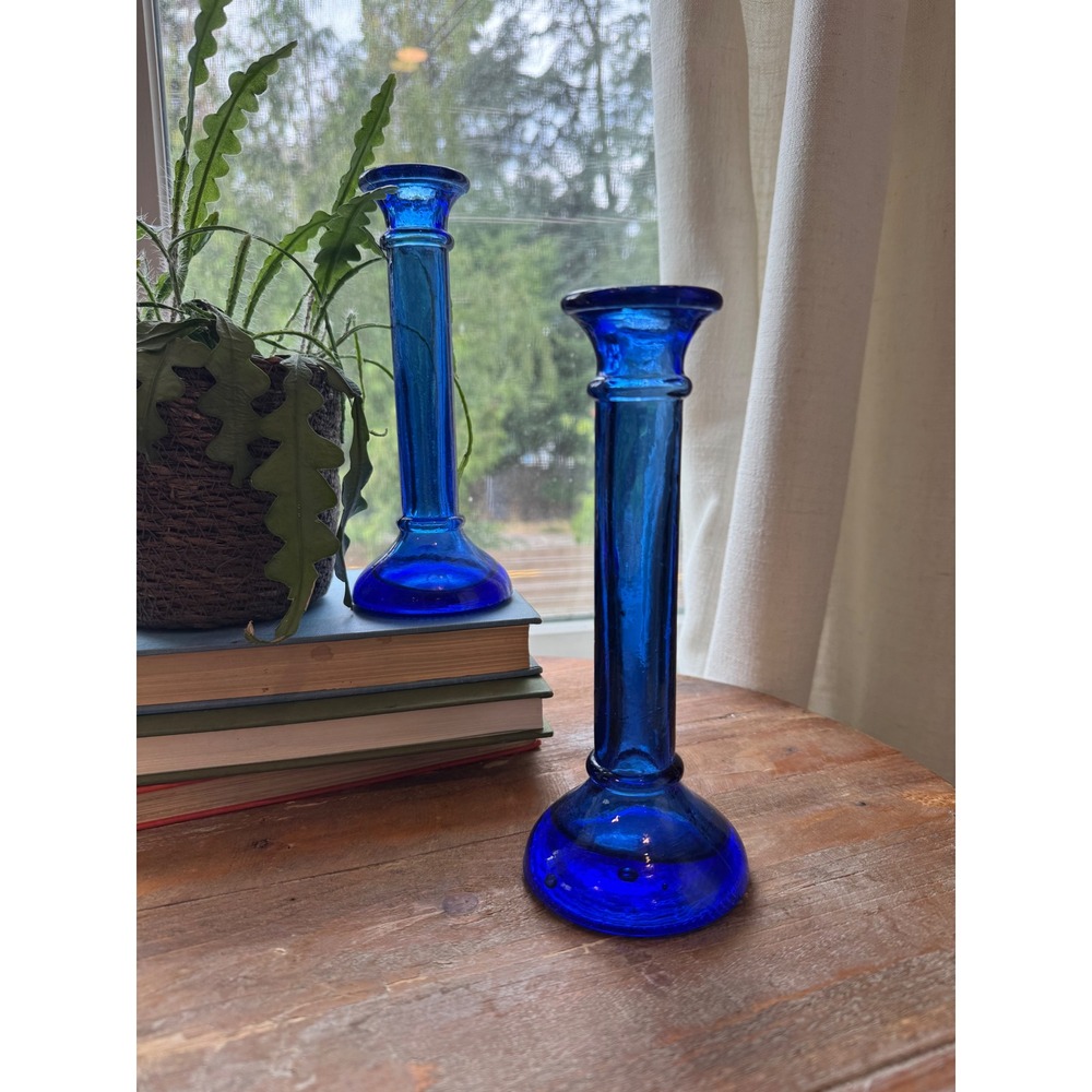Vintage Cobalt Blue Glass Candlestick Holders Set of 2 Taper Candle Stands 8in